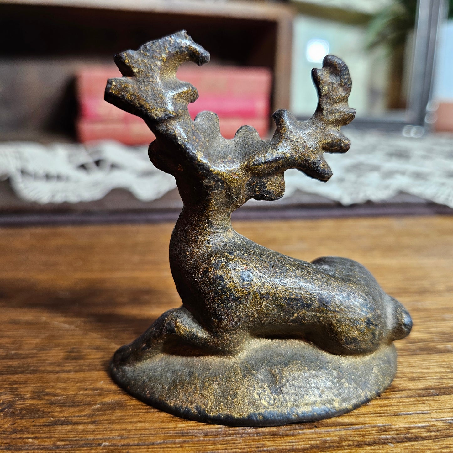 Vintage Cast Iron Reclining Deer Figurine Rustic Decor
