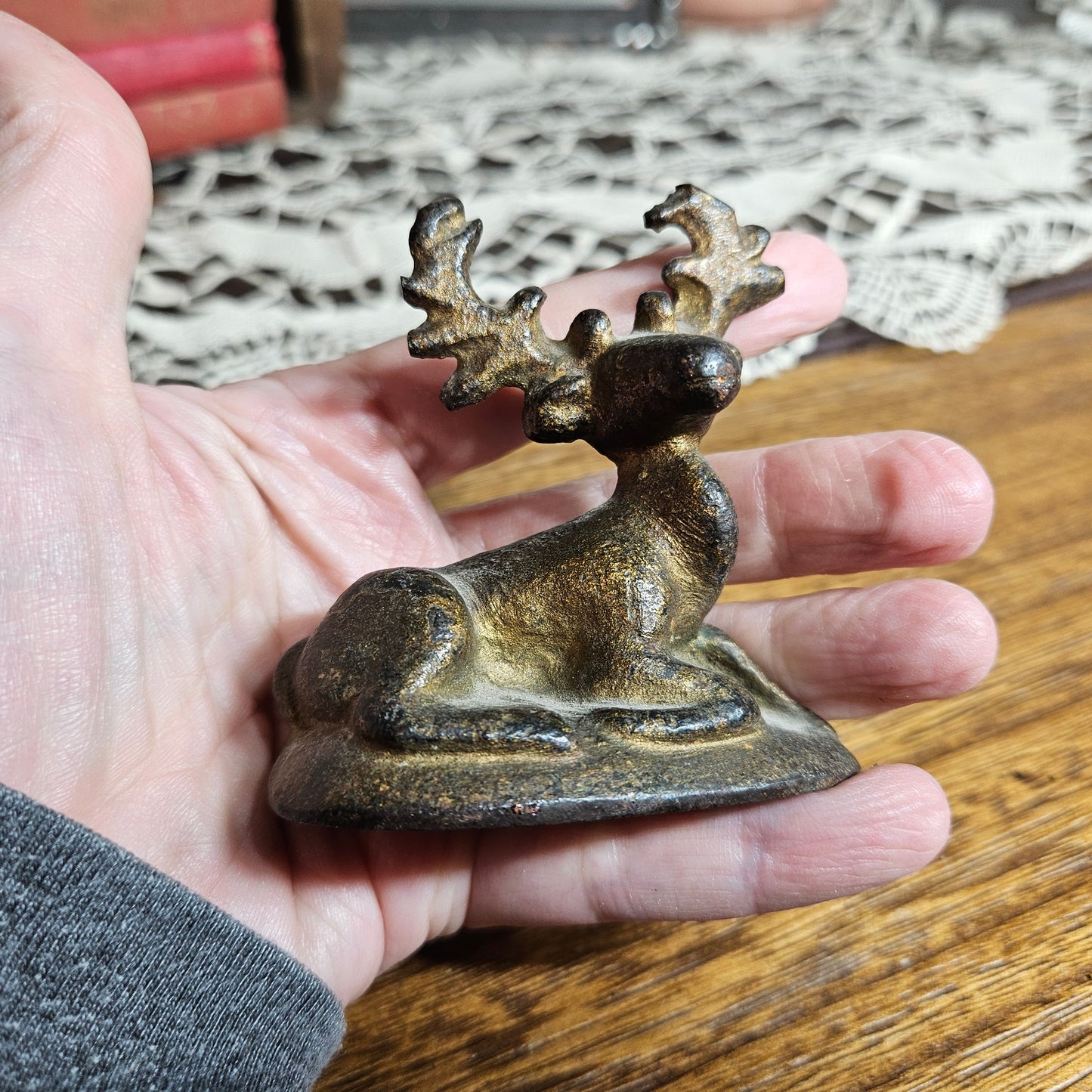 Vintage Cast Iron Reclining Deer Figurine Rustic Decor