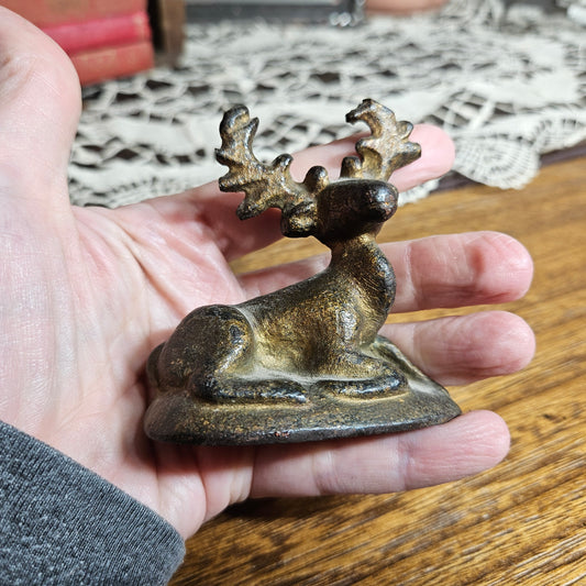 Vintage Cast Iron Reclining Deer Figurine Rustic Decor