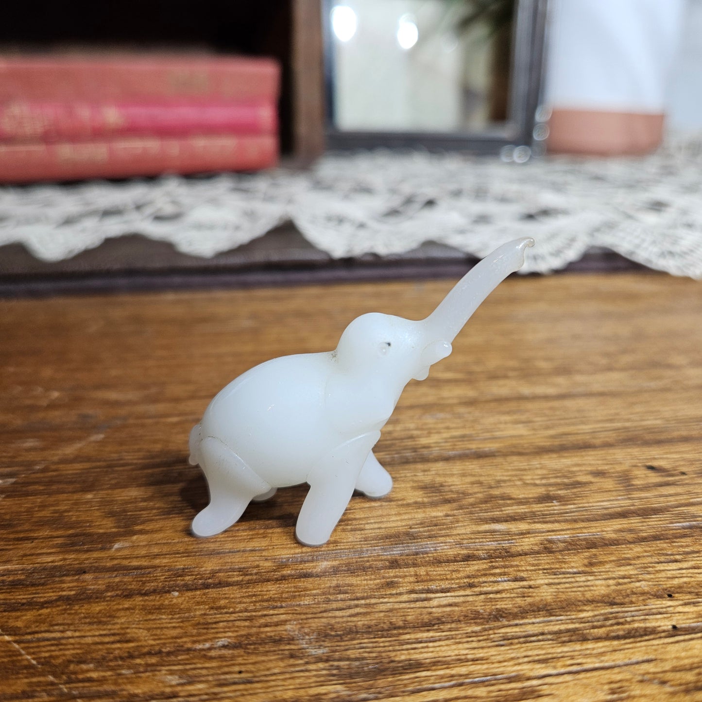 Tiny White Glass Elephant Figurine Mini Animal Figure