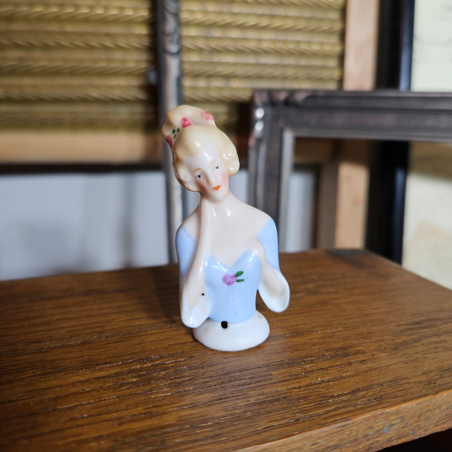 Mini Porcelain Lady Figurine Blue Dress Tiny Doll Figure