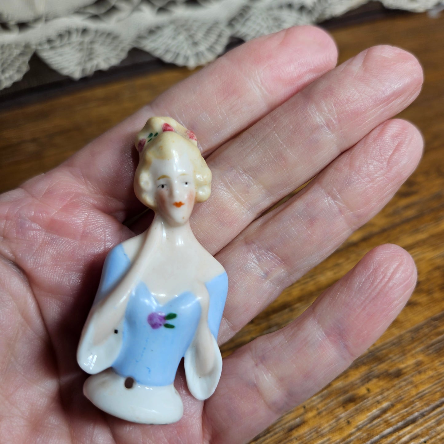 Mini Porcelain Lady Figurine Blue Dress Tiny Doll Figure