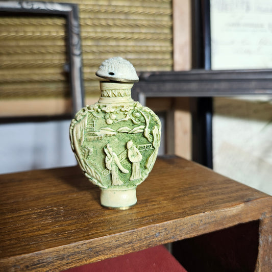 Vintage Mini Asian Snuff Bottle Green Relief Figure Bottle