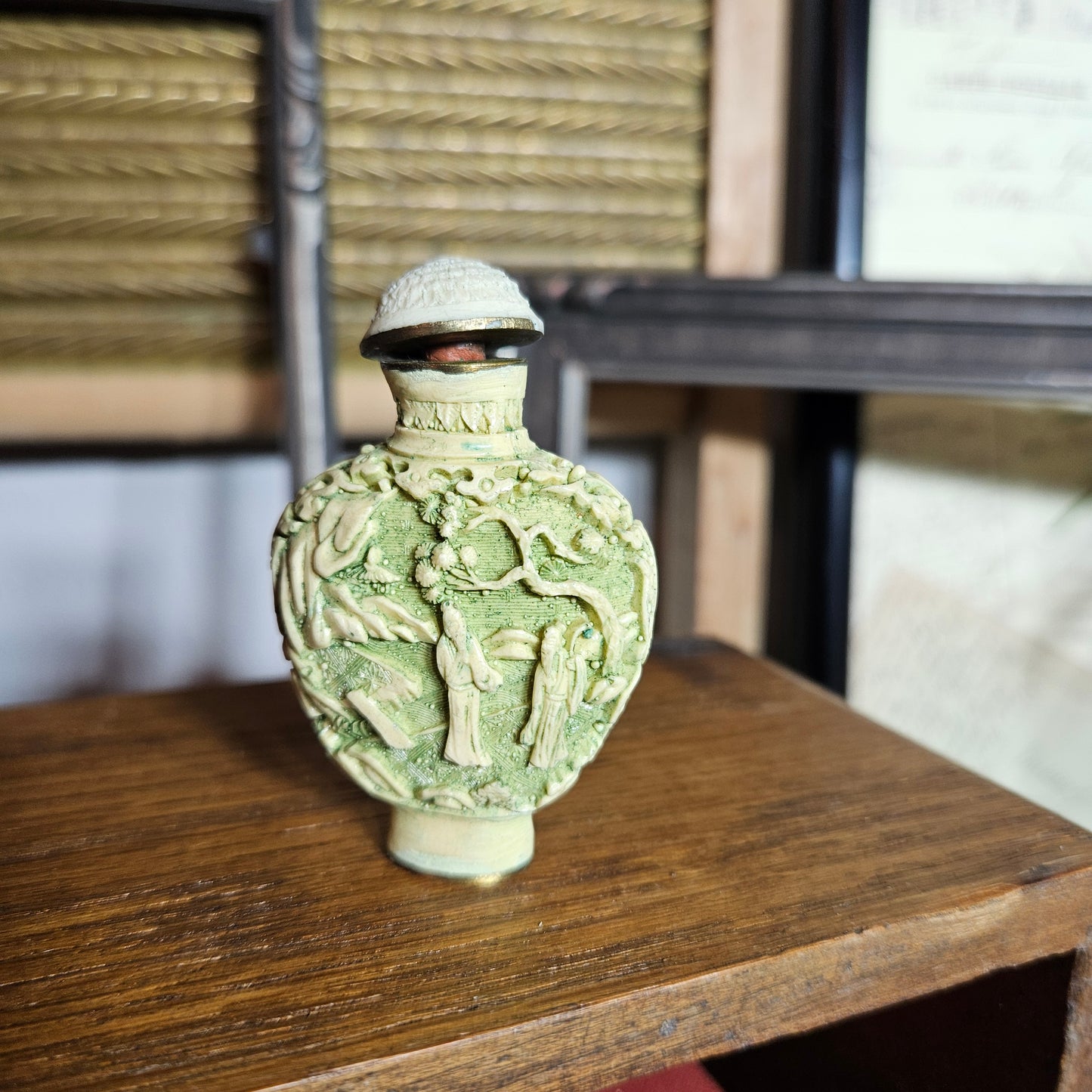 Vintage Mini Asian Snuff Bottle Green Relief Figure Bottle