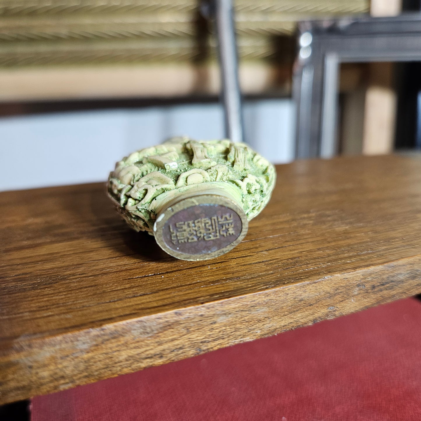 Vintage Mini Asian Snuff Bottle Green Relief Figure Bottle