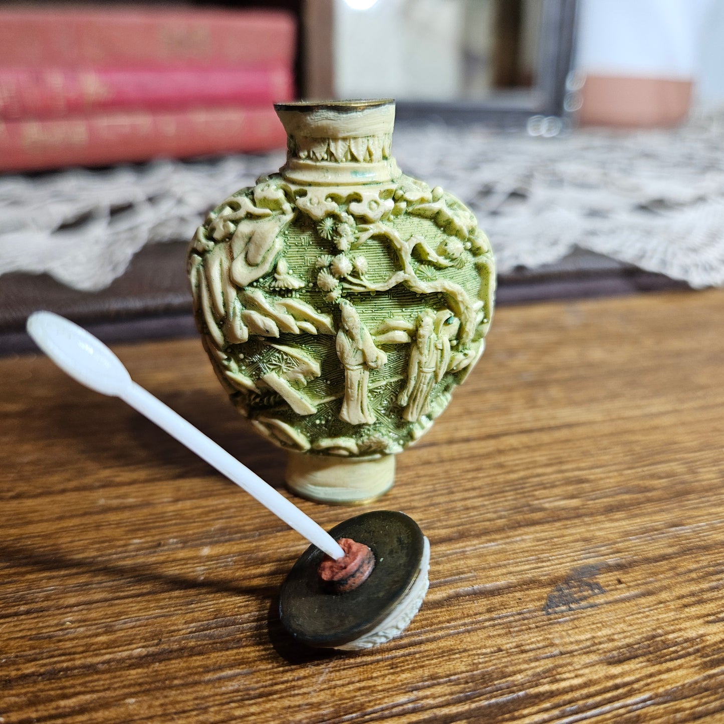 Vintage Mini Asian Snuff Bottle Green Relief Figure Bottle