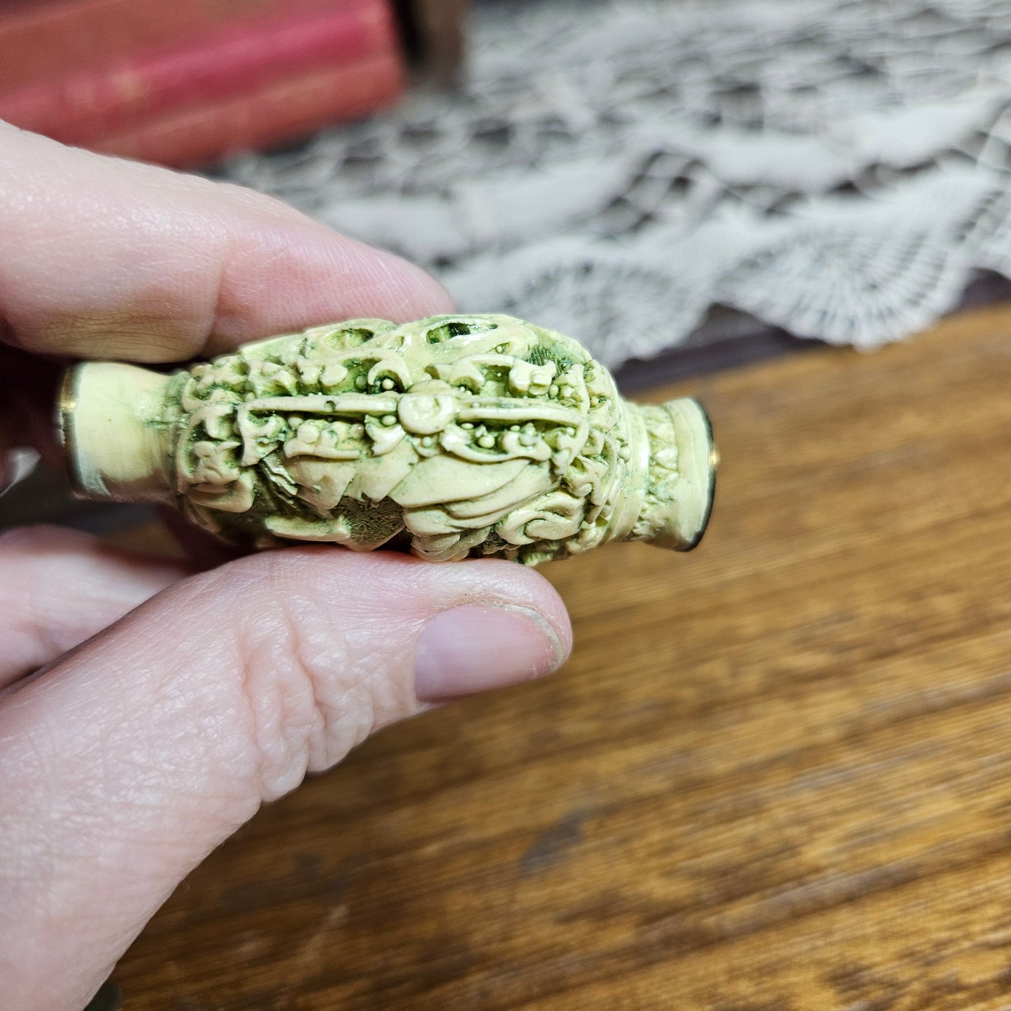 Vintage Mini Asian Snuff Bottle Green Relief Figure Bottle