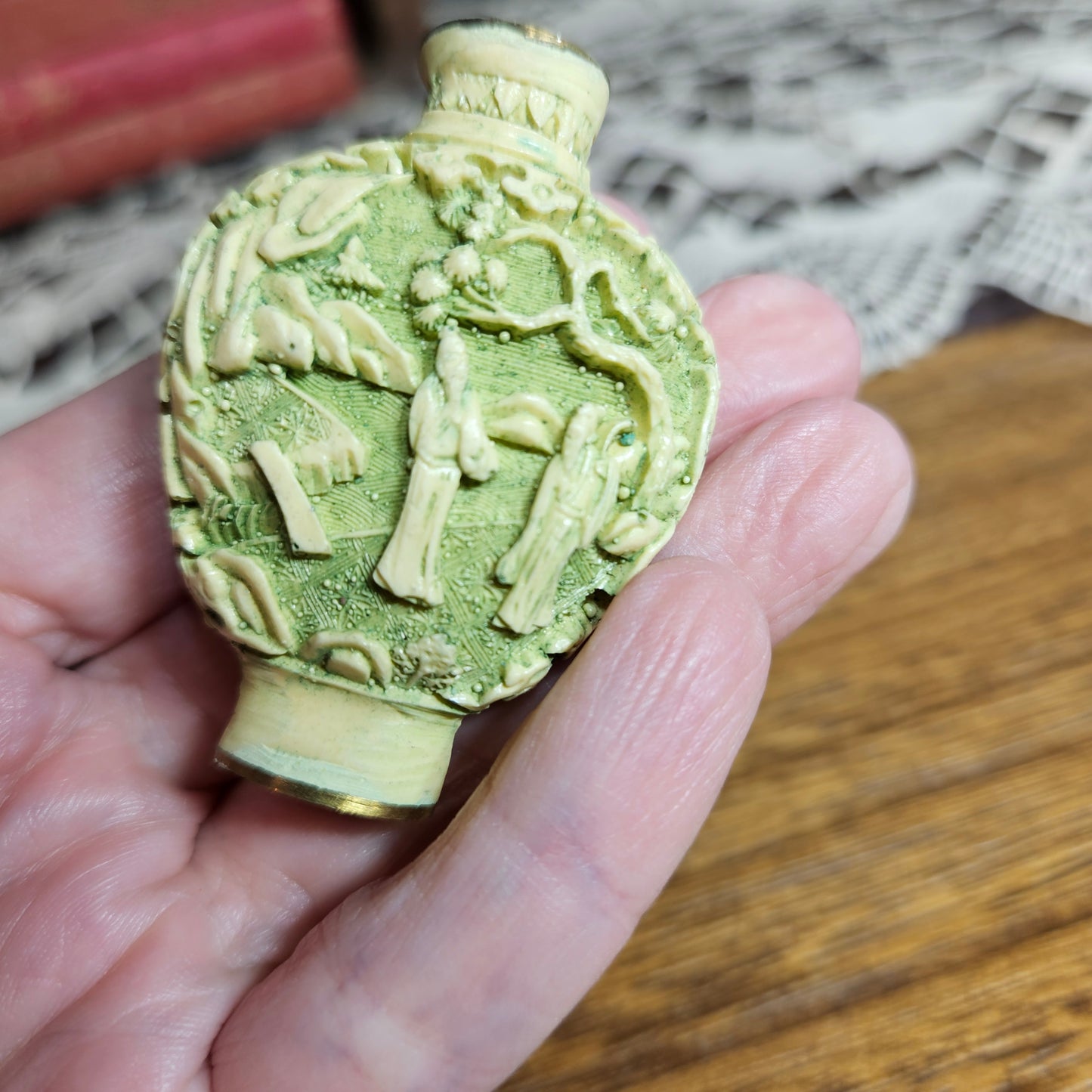 Vintage Mini Asian Snuff Bottle Green Relief Figure Bottle