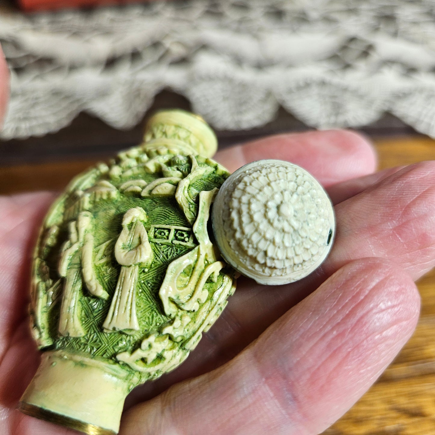 Vintage Mini Asian Snuff Bottle Green Relief Figure Bottle