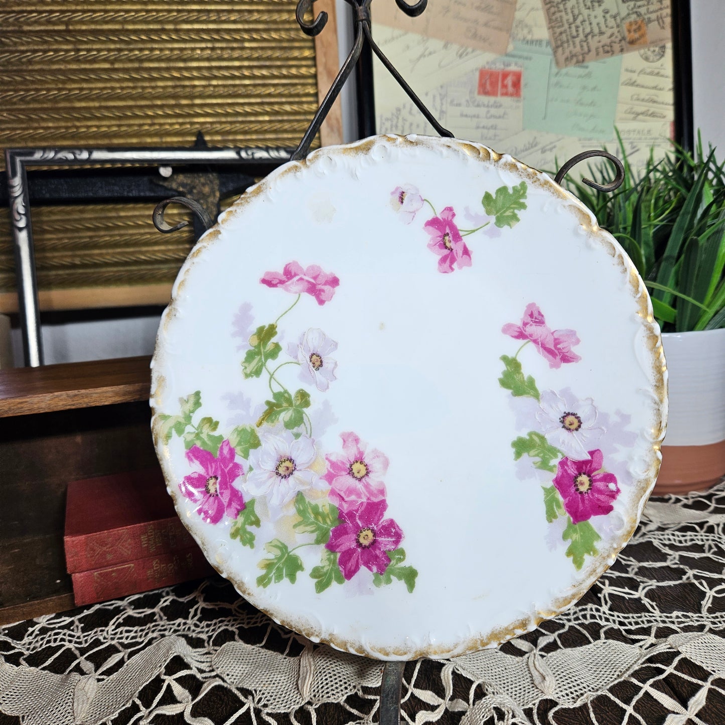 Limoges Floral Cabinet Plate with Gold Rim