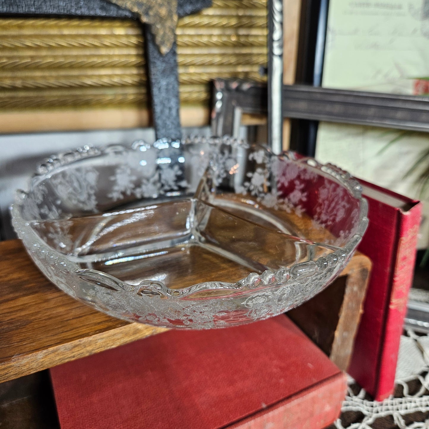 Tiffin Glass "Cherokee Rose" Three-Part Divided Relish Dish