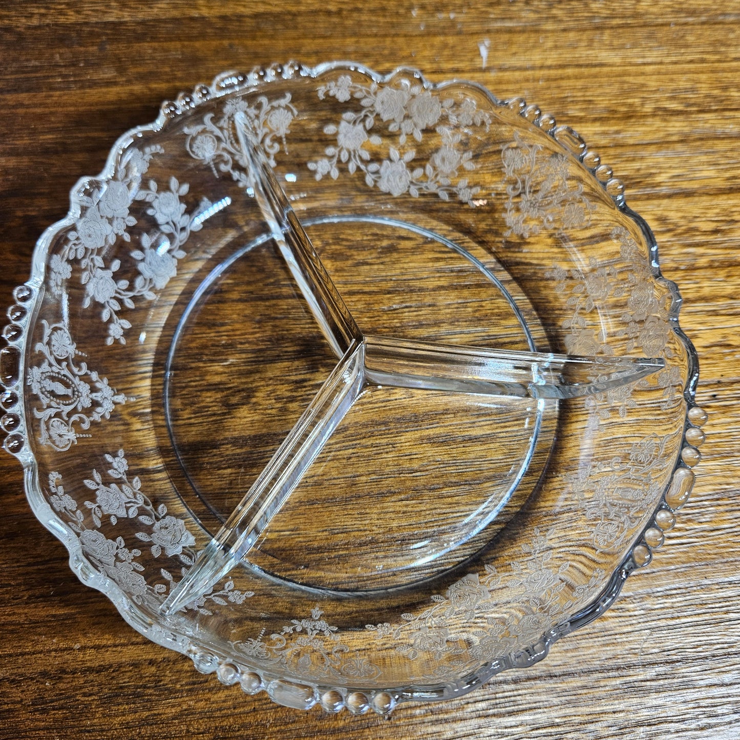 Tiffin Glass "Cherokee Rose" Three-Part Divided Relish Dish