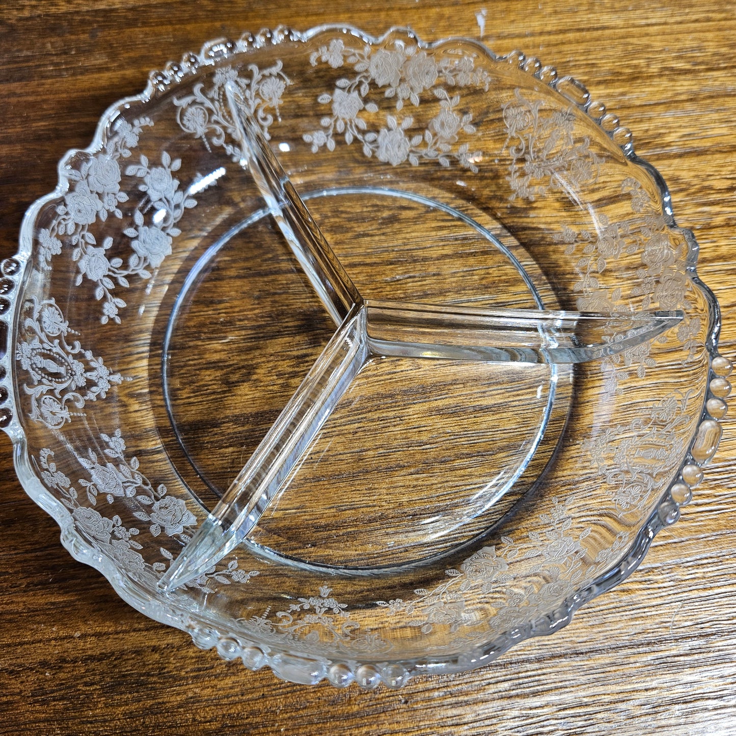 Tiffin Glass "Cherokee Rose" Three-Part Divided Relish Dish