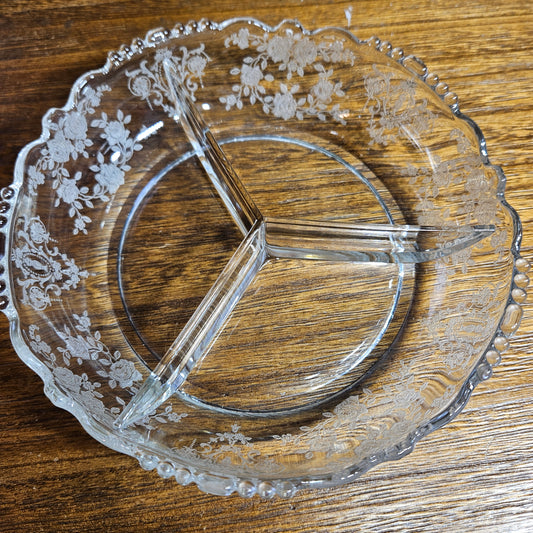 Tiffin Glass "Cherokee Rose" Three-Part Divided Relish Dish