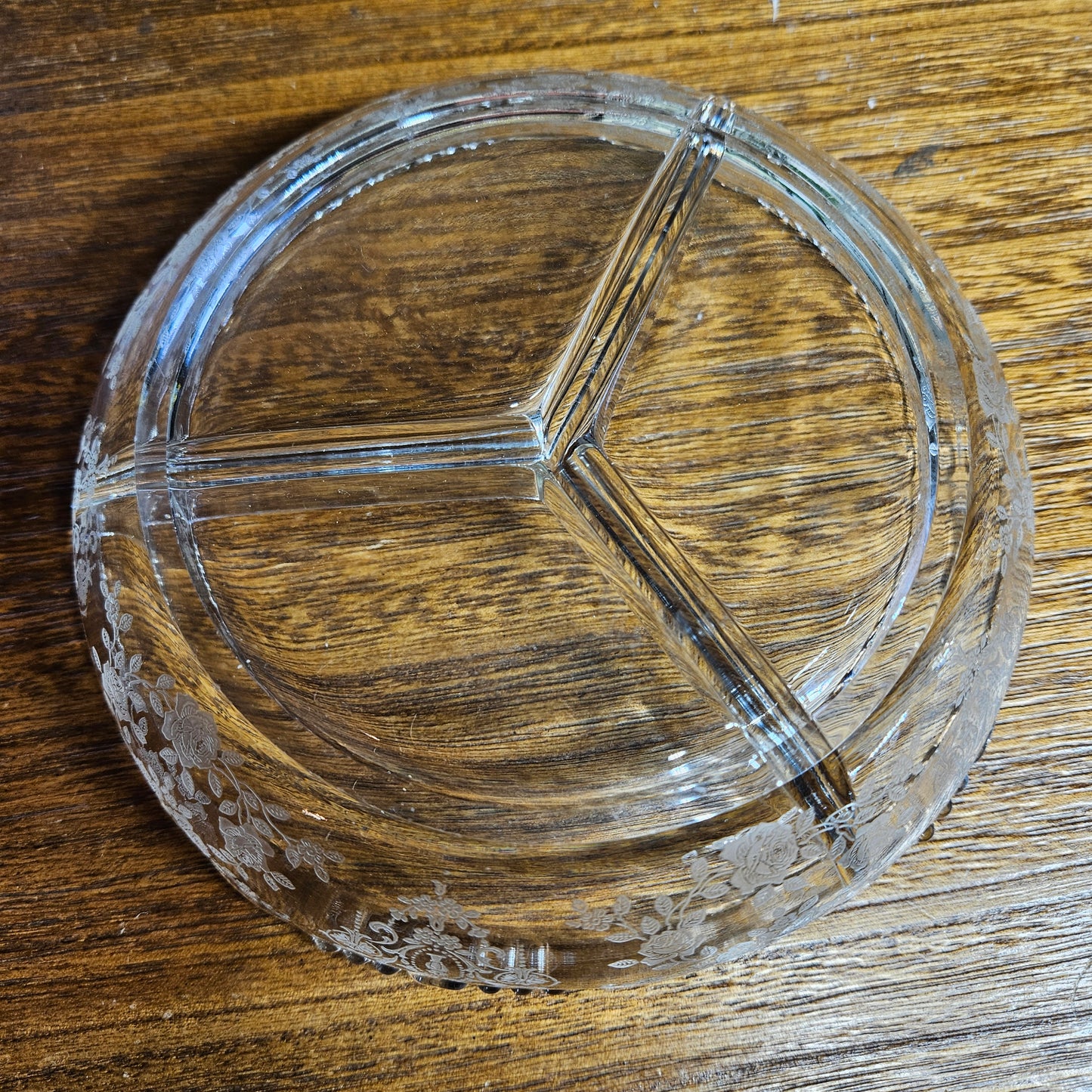 Tiffin Glass "Cherokee Rose" Three-Part Divided Relish Dish