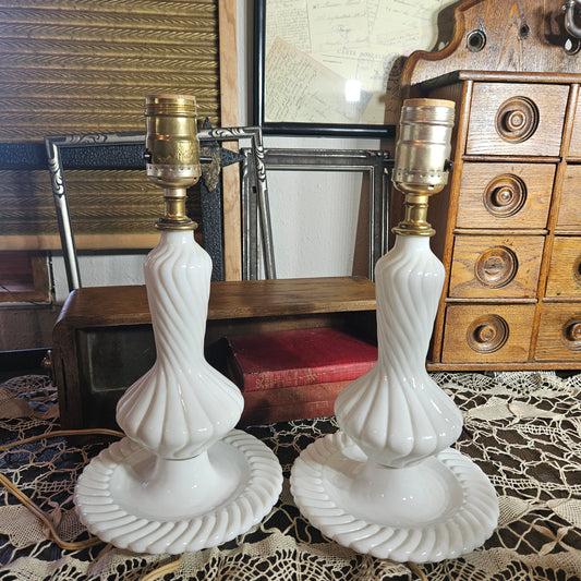 Pair of White Milk Glass Swirl Table Lamps