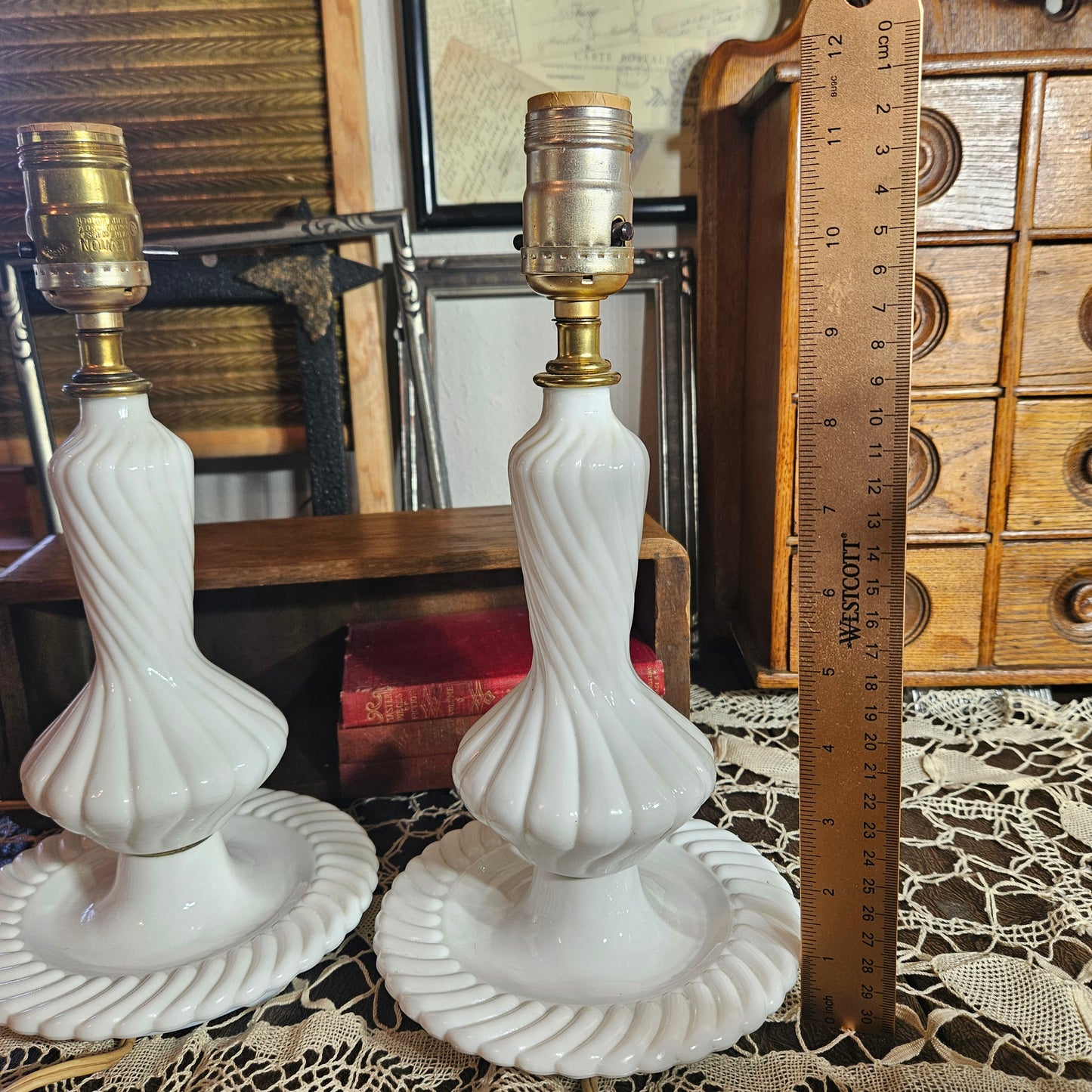Pair of White Milk Glass Swirl Table Lamps