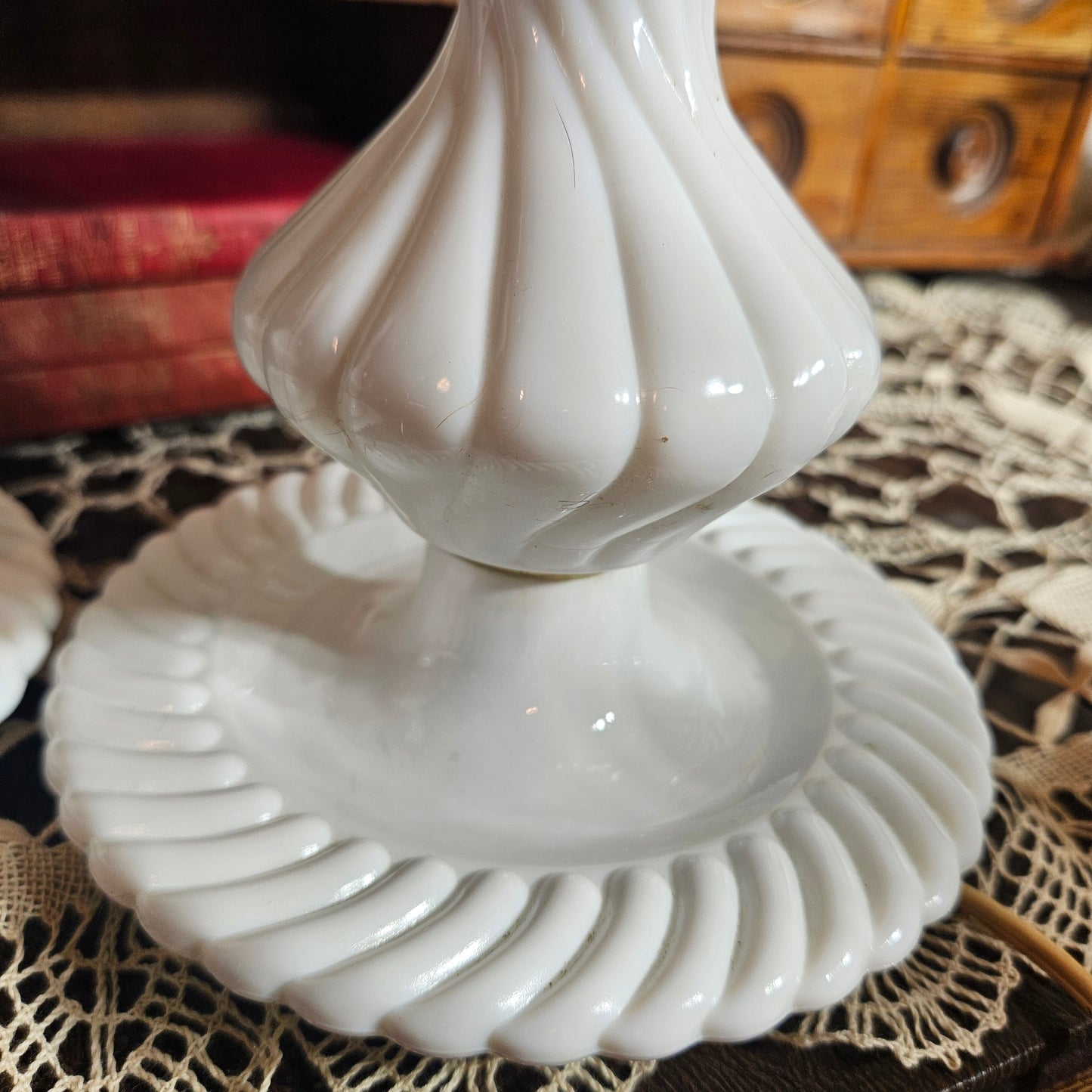 Pair of White Milk Glass Swirl Table Lamps