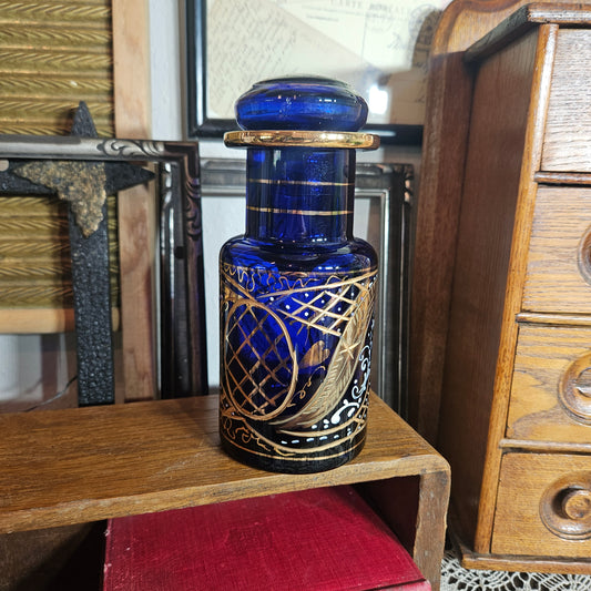 Cobalt Blue Glass Perfume Bottle with Gold Detail
