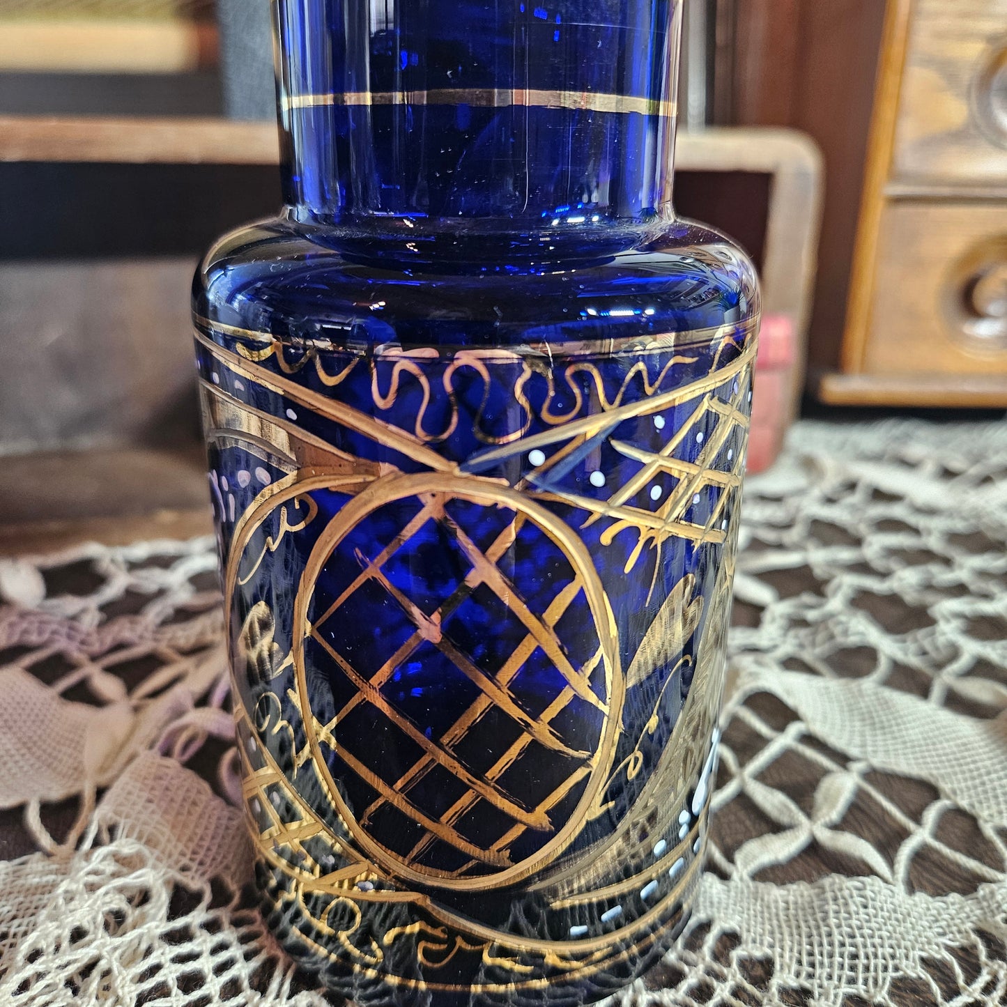 Cobalt Blue Glass Perfume Bottle with Gold Detail