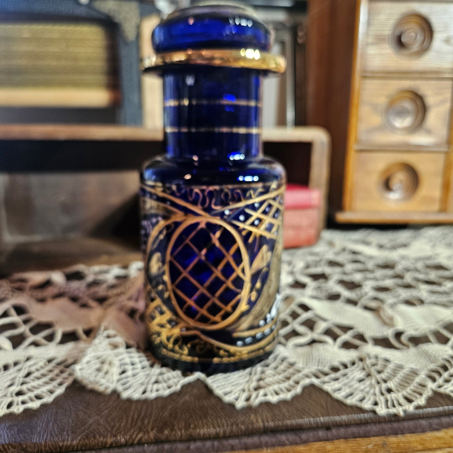 Cobalt Blue Glass Perfume Bottle with Gold Detail