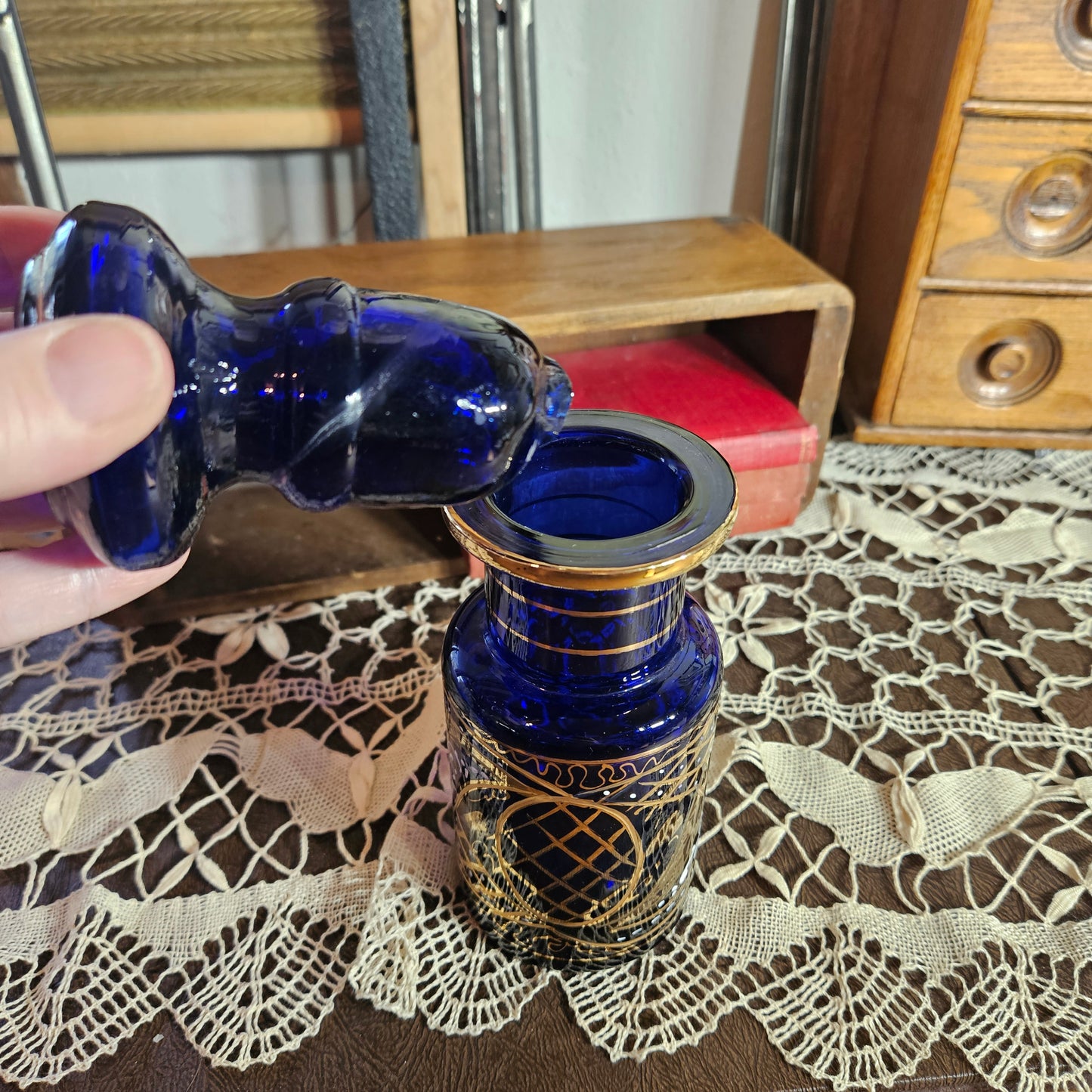 Cobalt Blue Glass Perfume Bottle with Gold Detail
