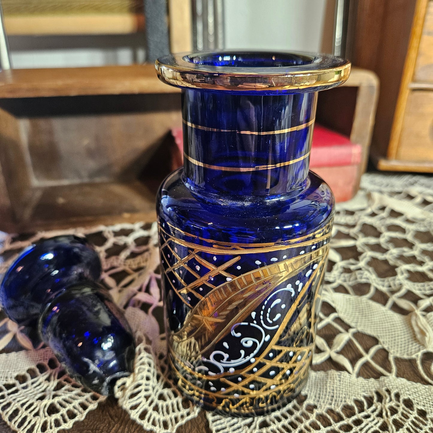 Cobalt Blue Glass Perfume Bottle with Gold Detail
