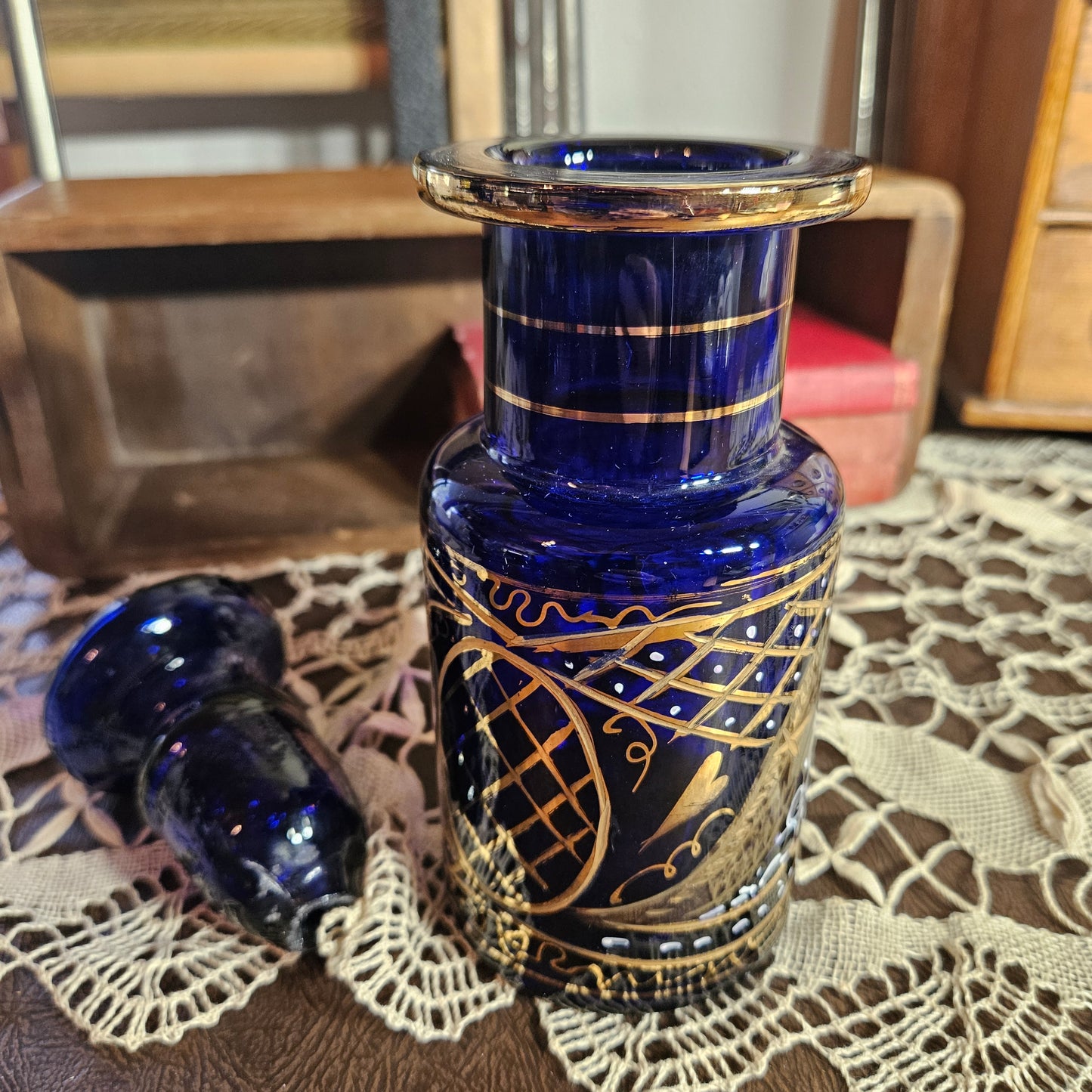 Cobalt Blue Glass Perfume Bottle with Gold Detail