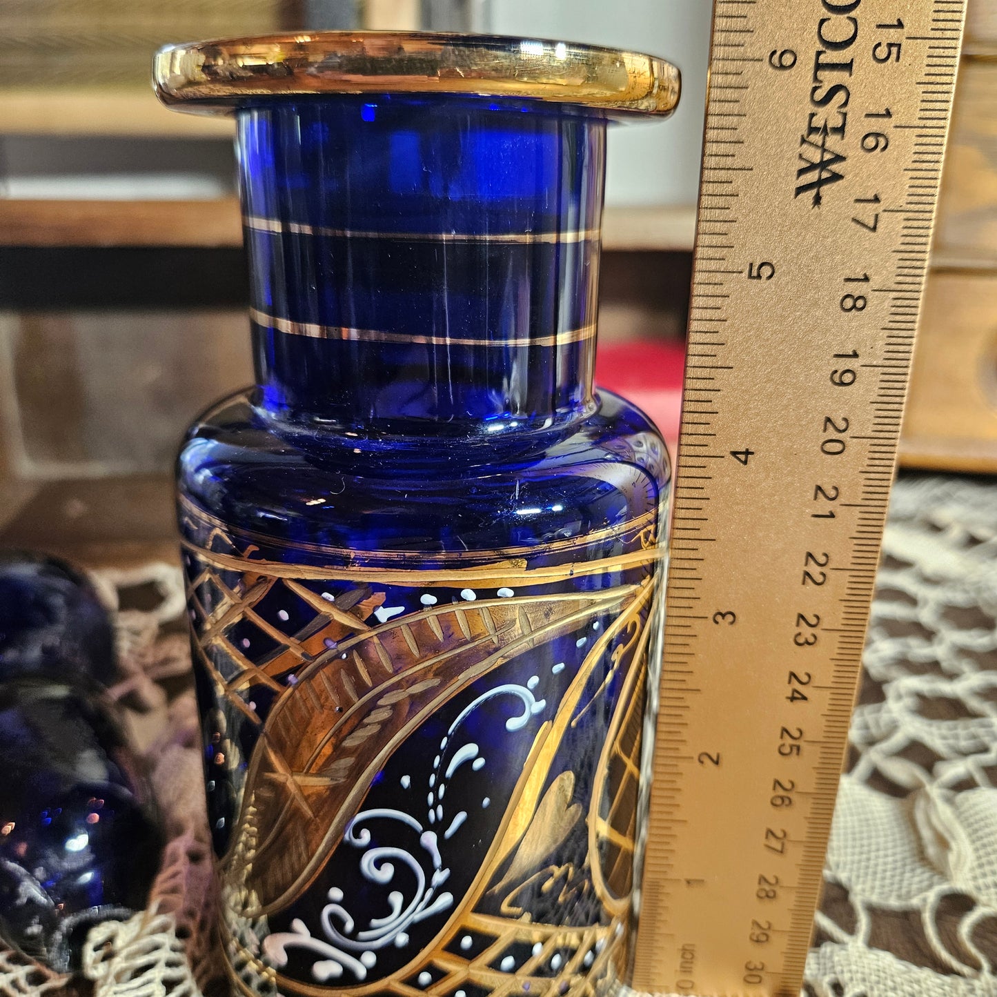 Cobalt Blue Glass Perfume Bottle with Gold Detail