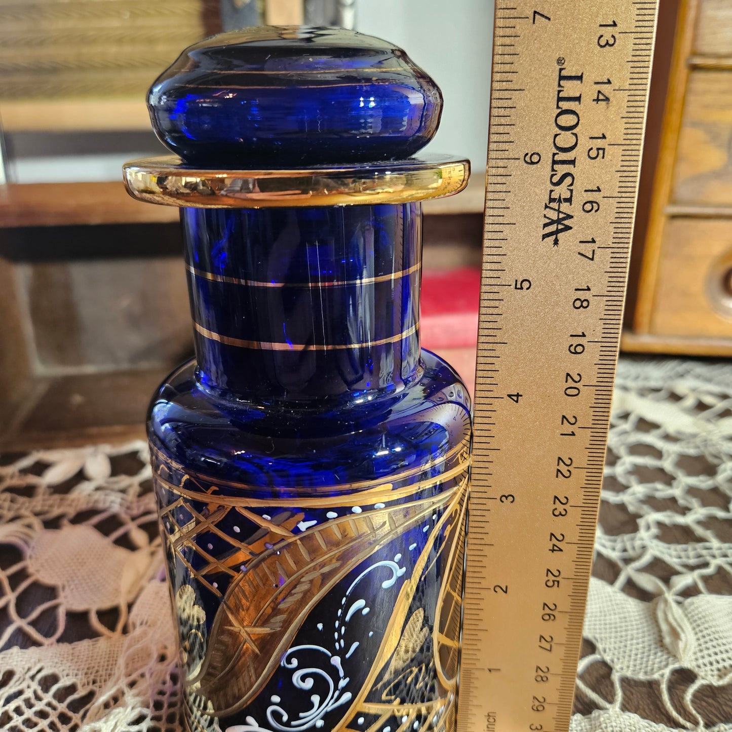 Cobalt Blue Glass Perfume Bottle with Gold Detail