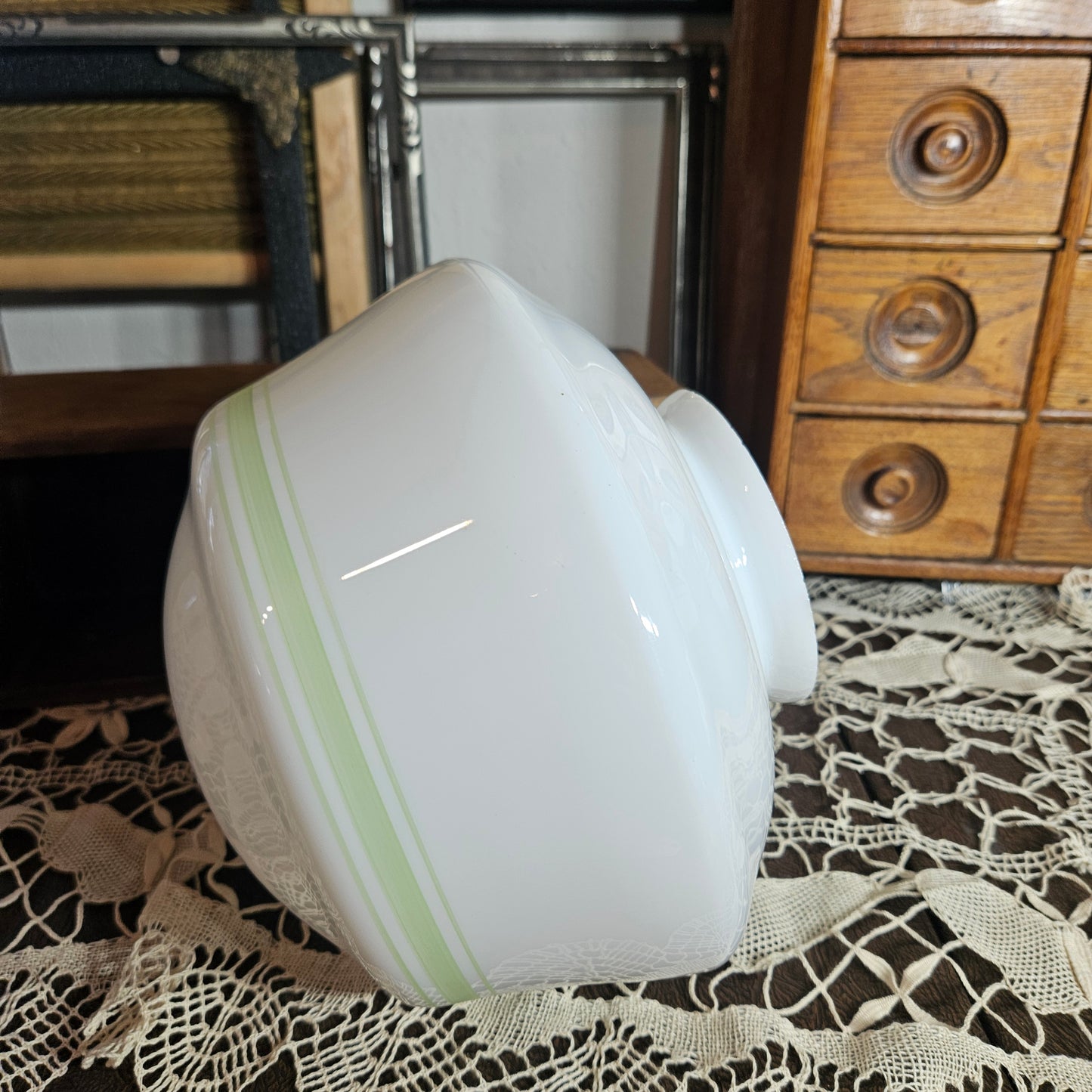 White Milk Glass Lamp Shade with Green Band