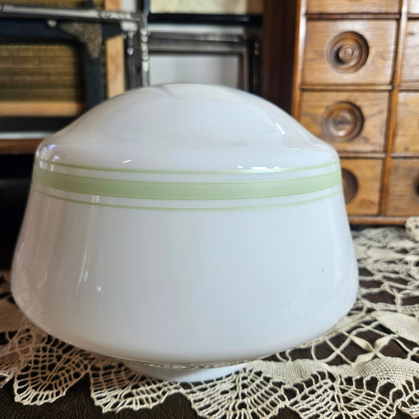 White Milk Glass Lamp Shade with Green Band