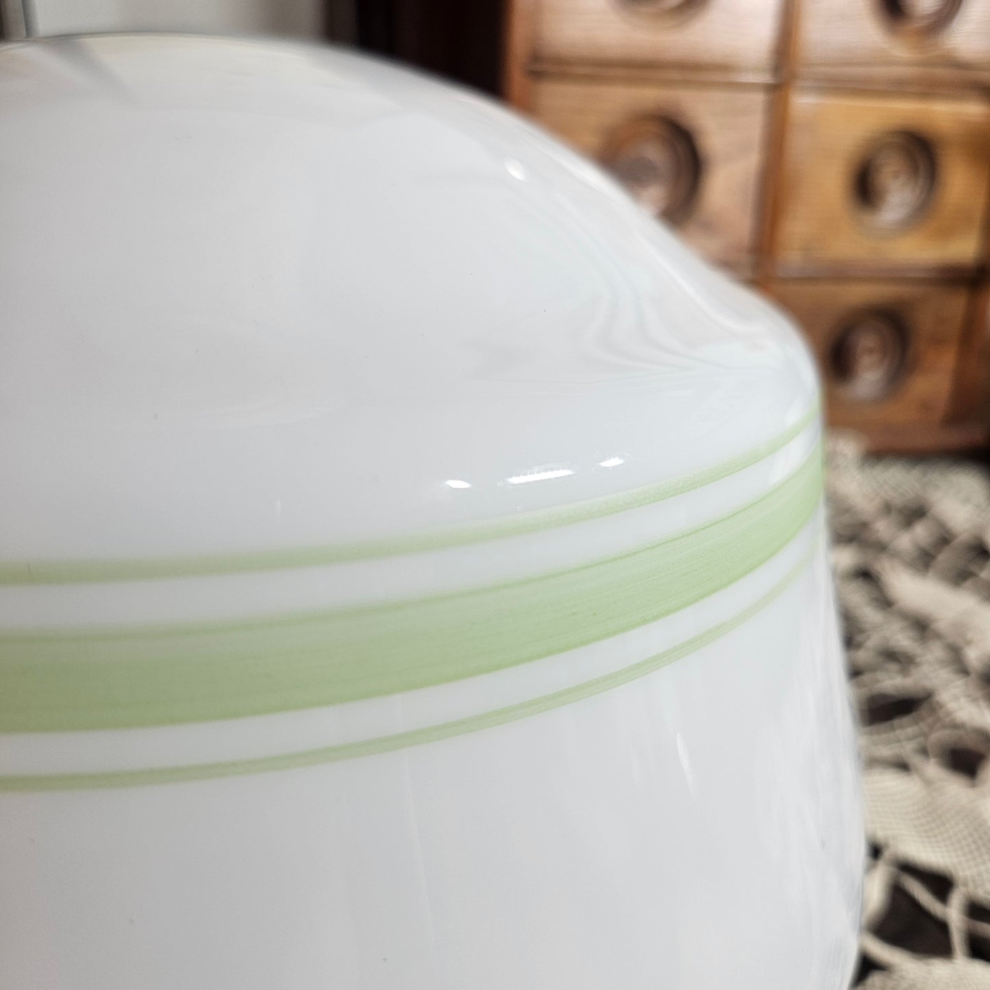 White Milk Glass Lamp Shade with Green Band