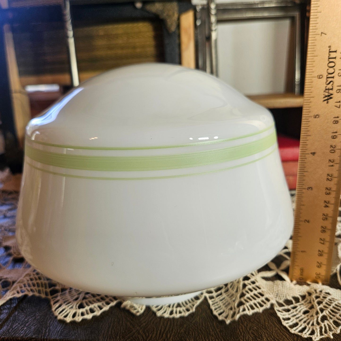 White Milk Glass Lamp Shade with Green Band