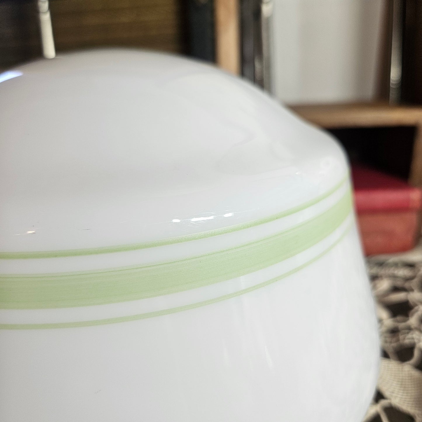 White Milk Glass Lamp Shade with Green Band