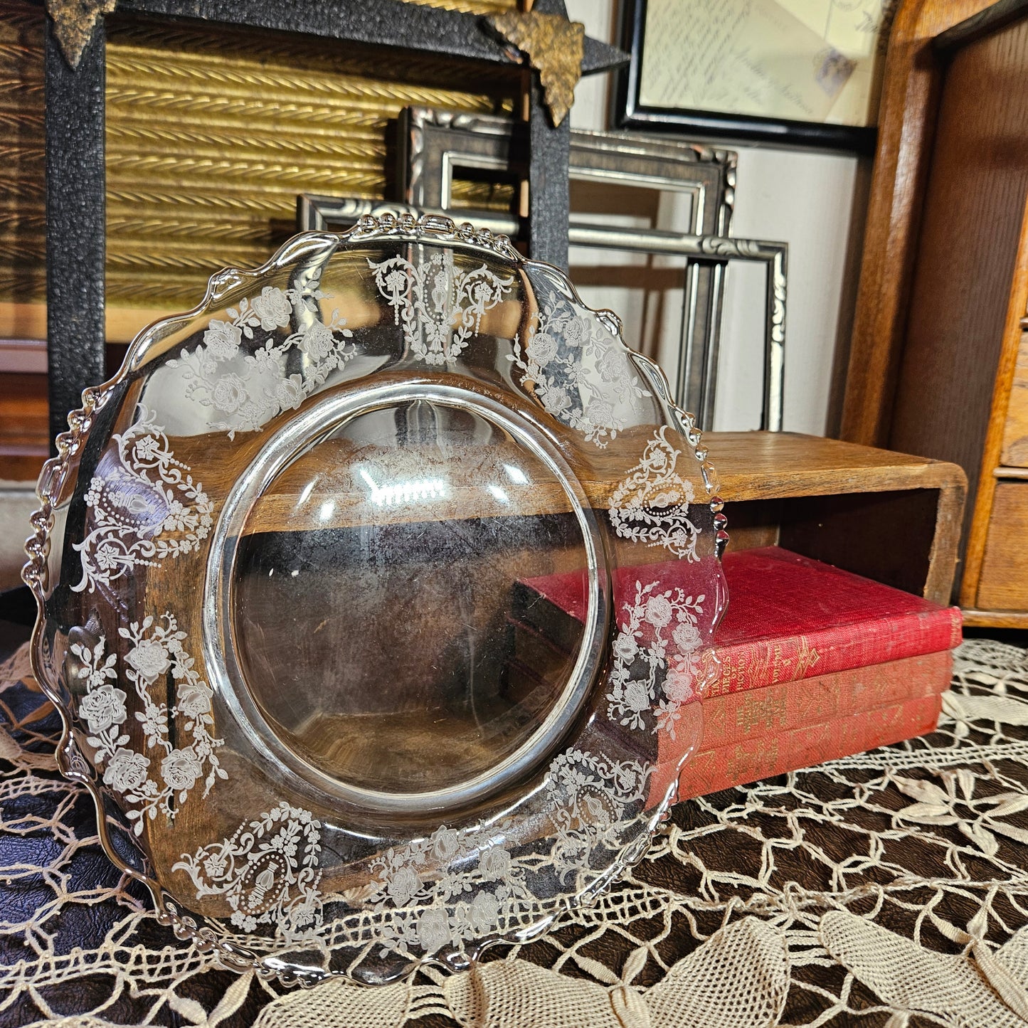 Vintage Etched Glass Dinner Plate Tiffin "Cherokee Rose"