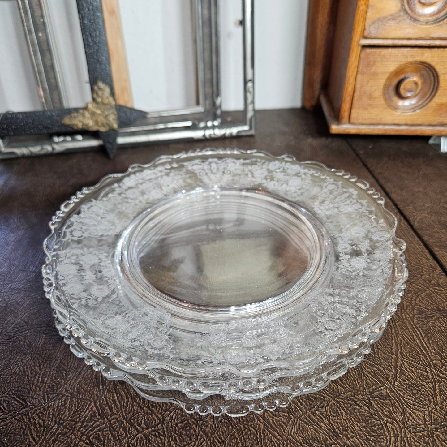 Set of 4 Tiffin Etched Glass Dinner Plates "Cherokee Rose"