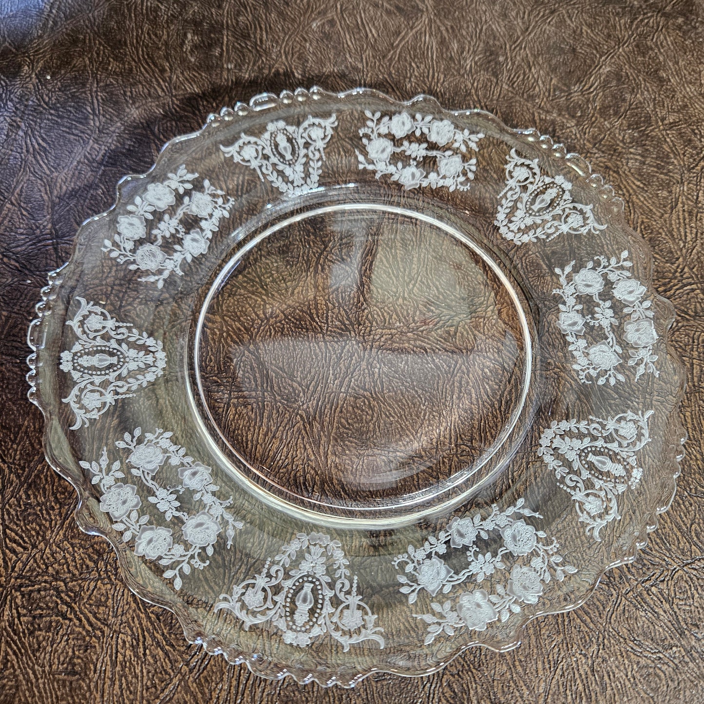 Vintage Etched Glass Dinner Plate Tiffin "Cherokee Rose"