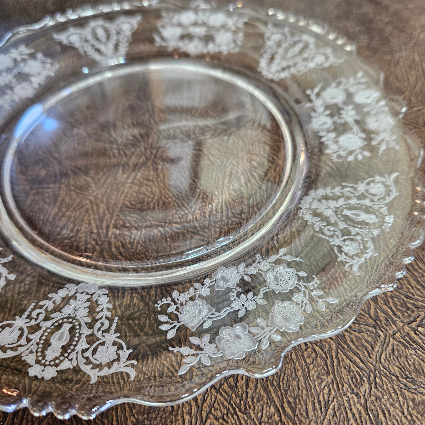 Set of 4 Tiffin Etched Glass Dinner Plates "Cherokee Rose"