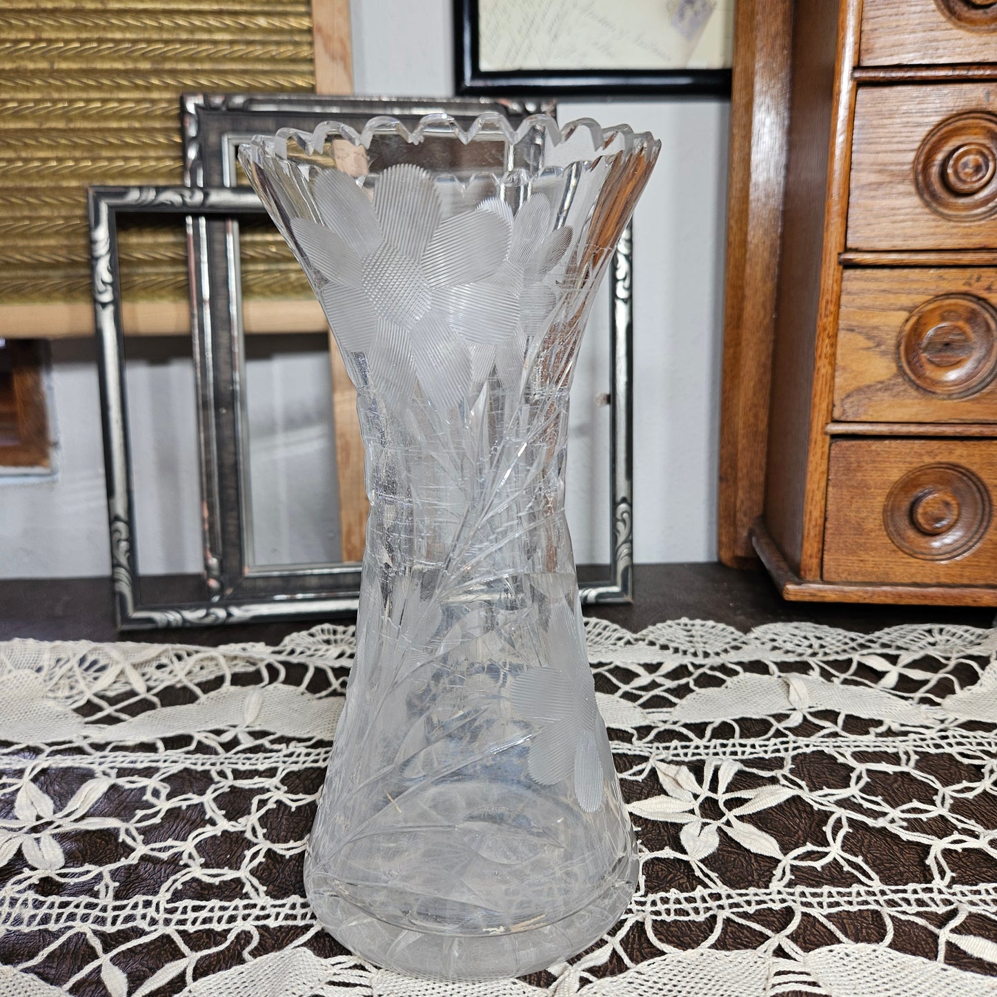 Vintage Etched Floral Glass Vase