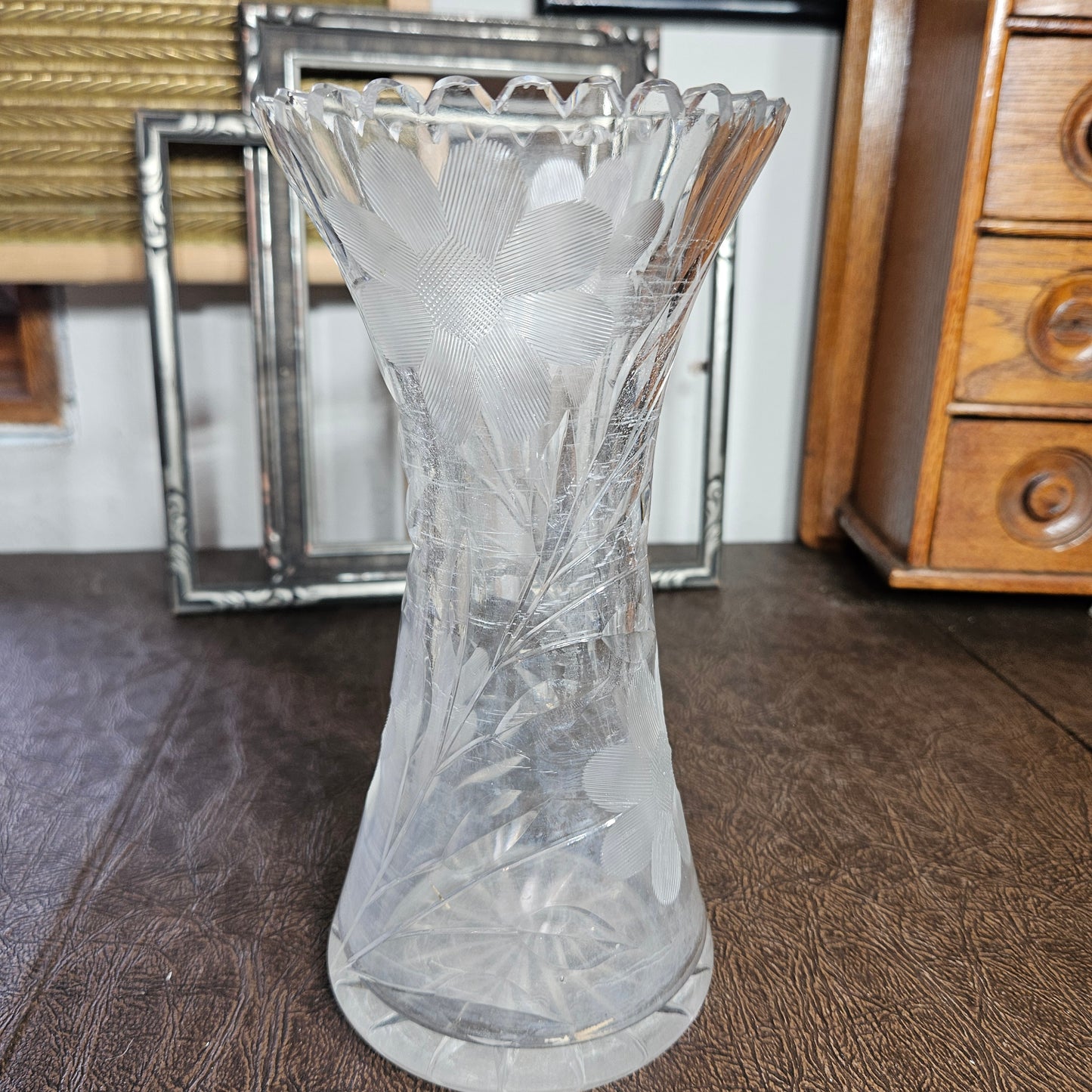 Vintage Etched Floral Glass Vase