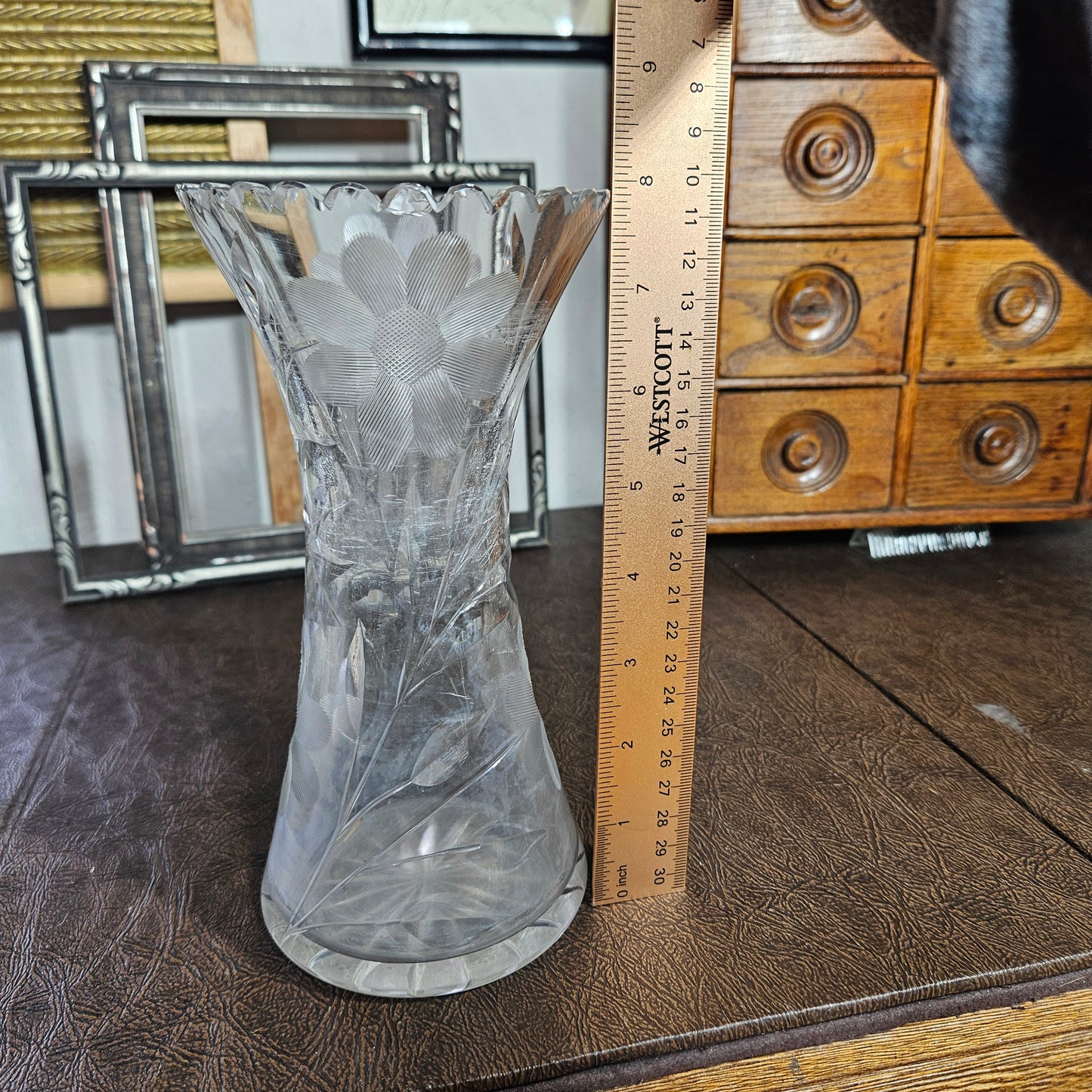 Vintage Etched Floral Glass Vase