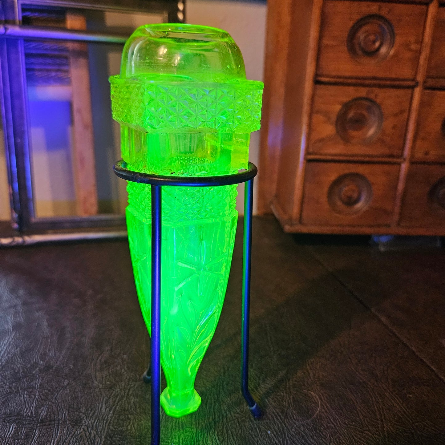 Uranium Glass Car Vase with Metal Stand