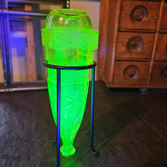 Uranium Glass Car Vase with Metal Stand