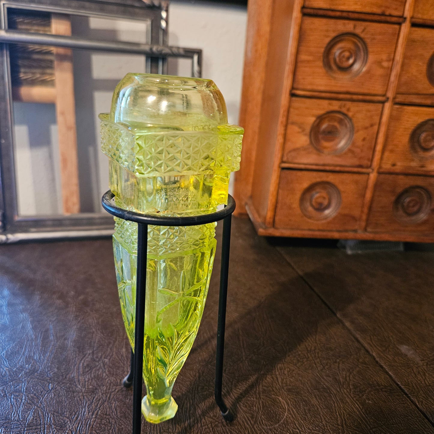 Uranium Glass Car Vase with Metal Stand