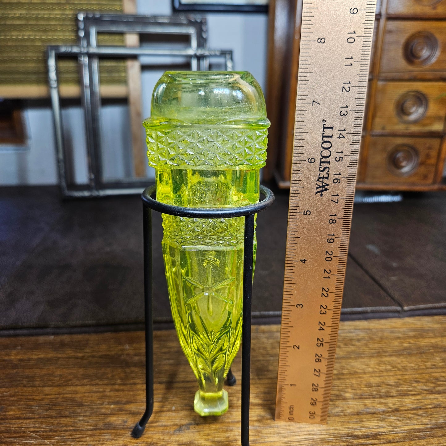 Uranium Glass Car Vase with Metal Stand