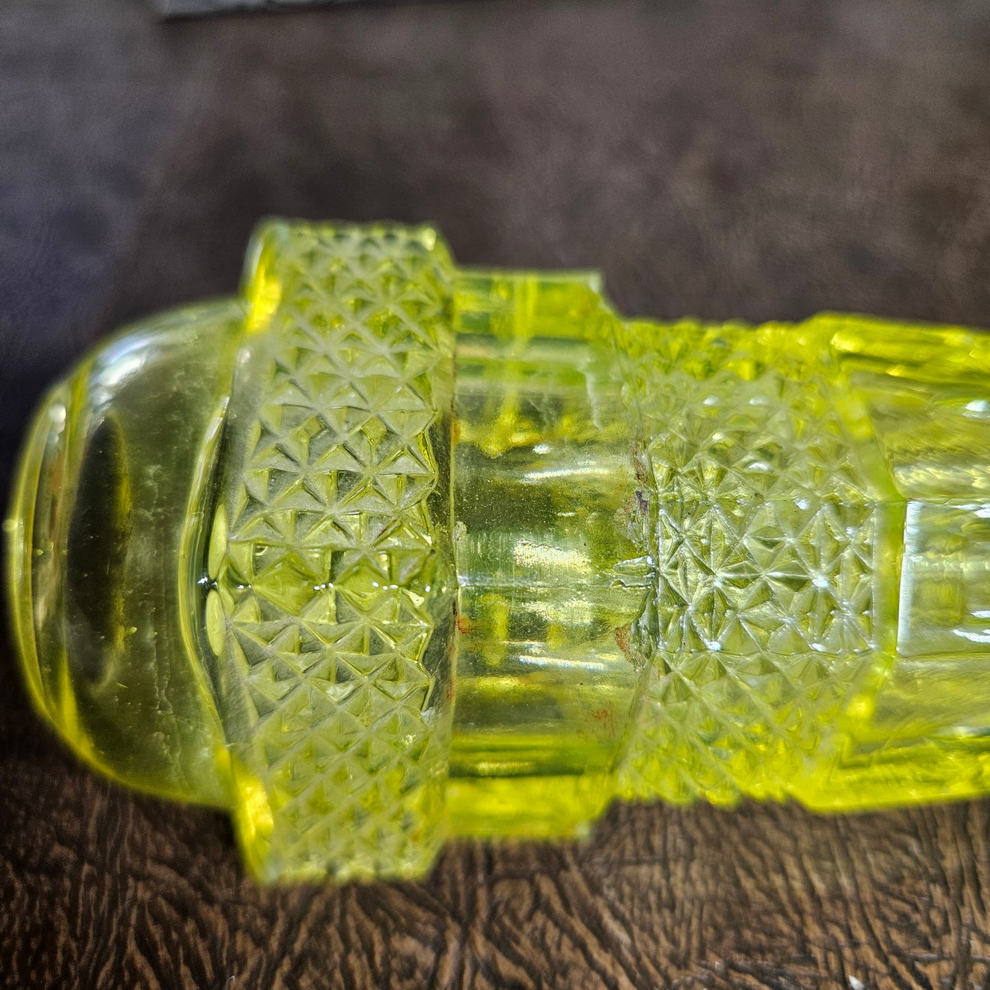 Uranium Glass Car Vase with Metal Stand