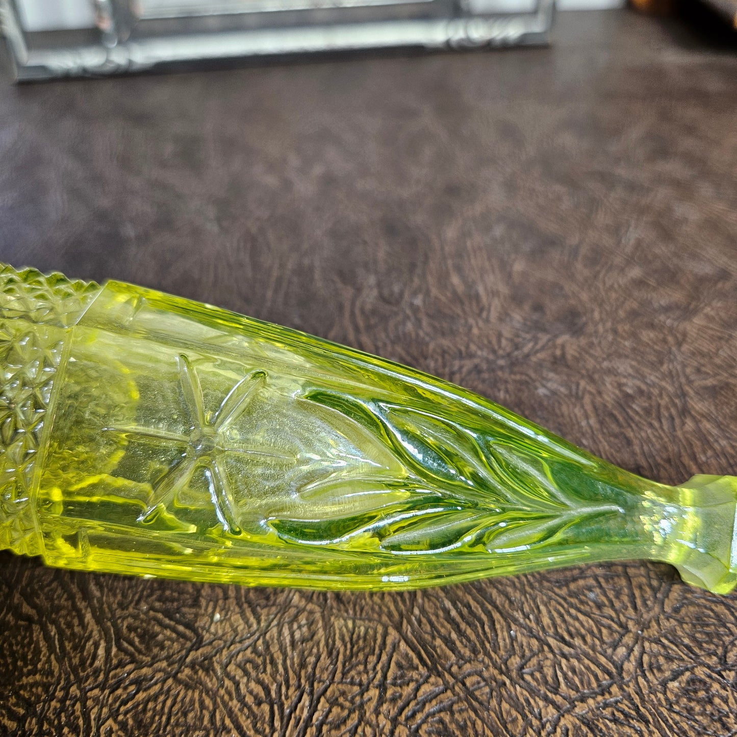 Uranium Glass Car Vase with Metal Stand