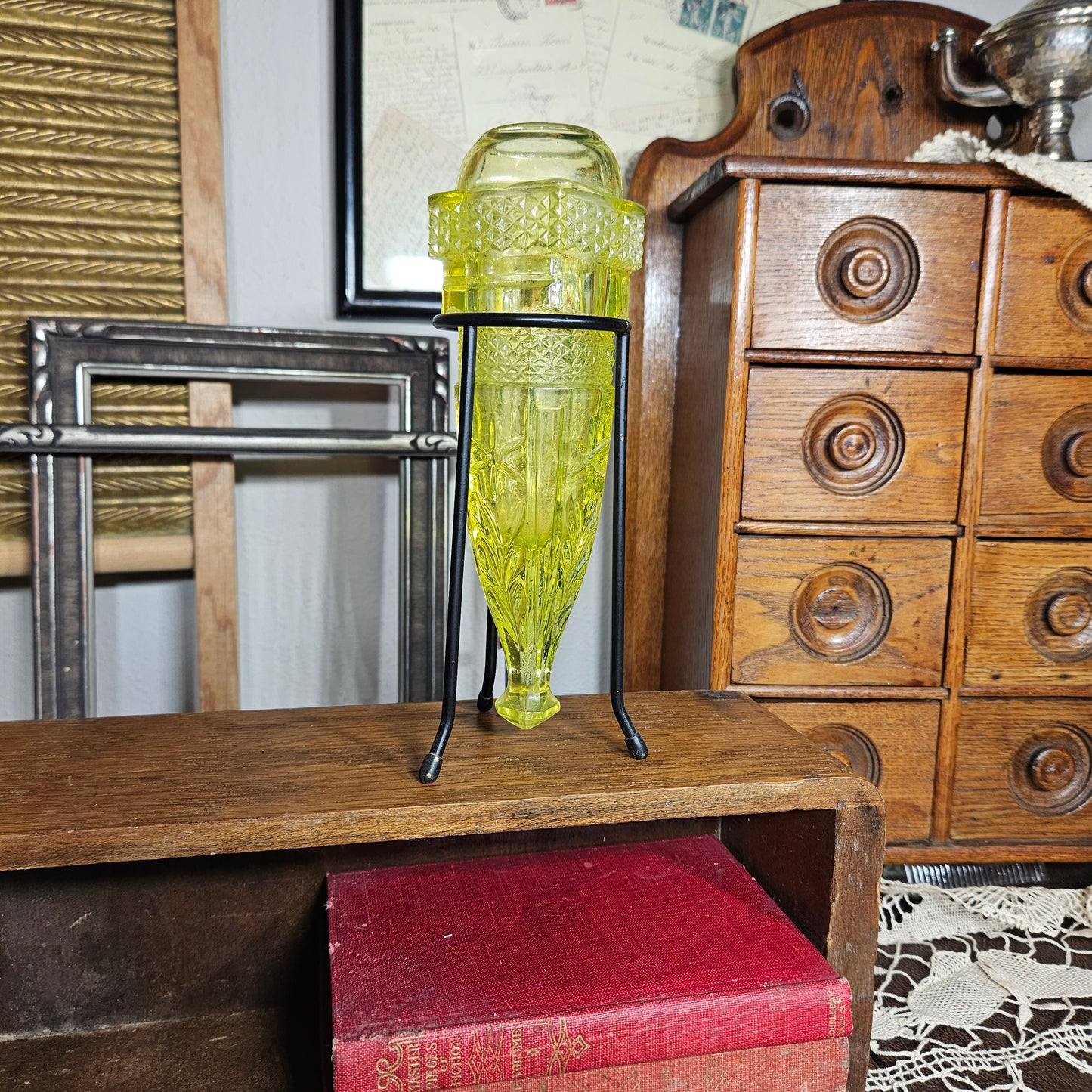 Uranium Glass Car Vase with Metal Stand