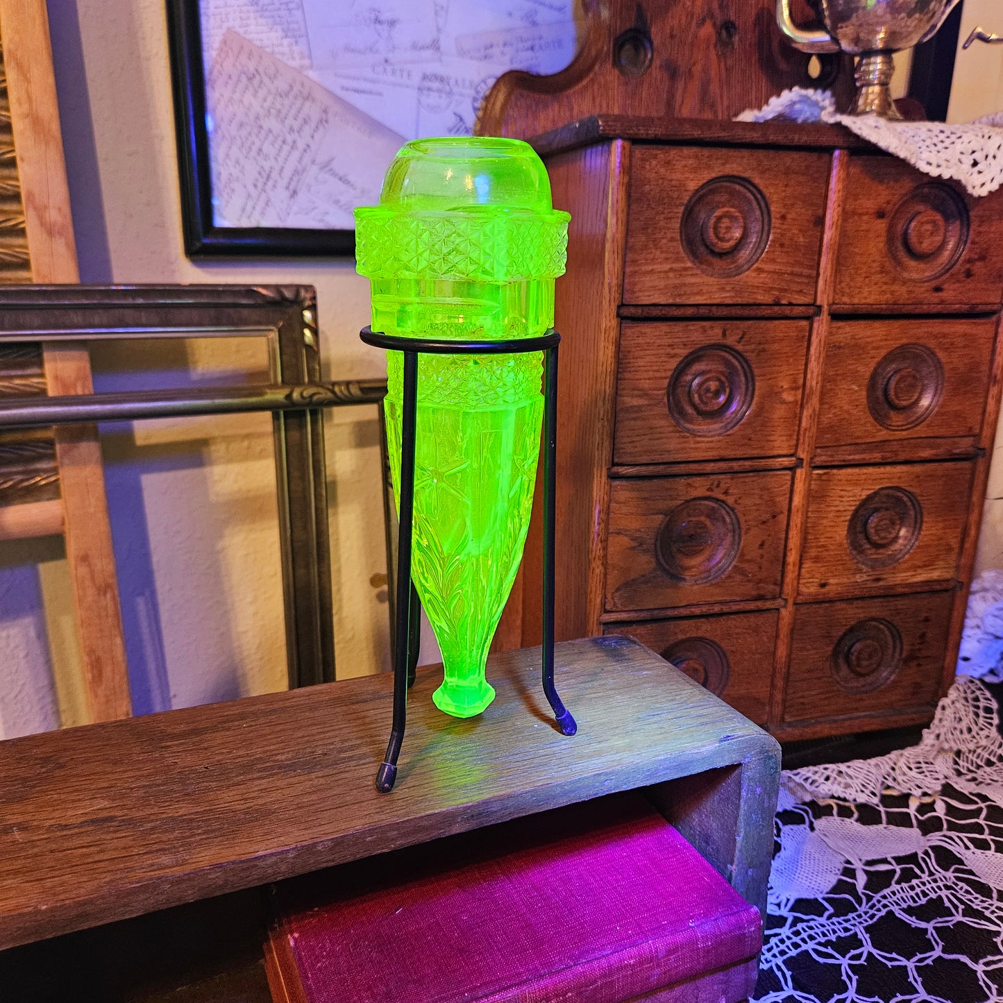 Uranium Glass Car Vase with Metal Stand